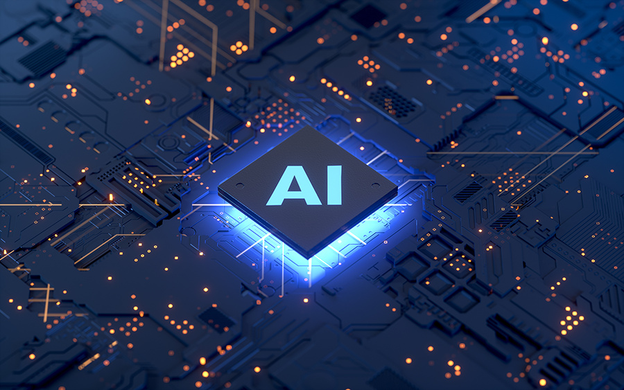 Blue circuit board with a glowing black chip labeled AI in the center, surrounded by orange lit circuitry paths.