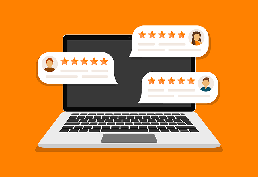 Laptop displaying multiple five-star customer reviews with user avatars on an orange background.